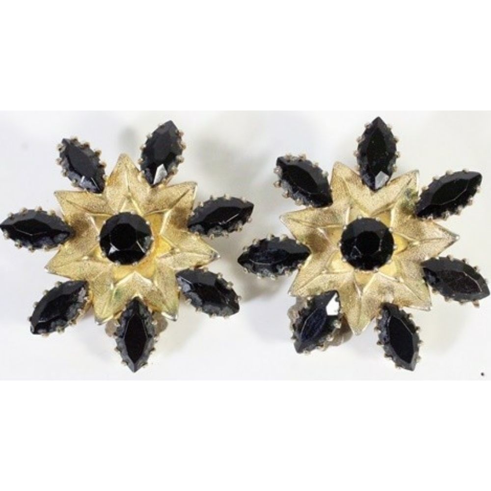 Vintage Weiss Goldtone Black Rhinestone Earrings